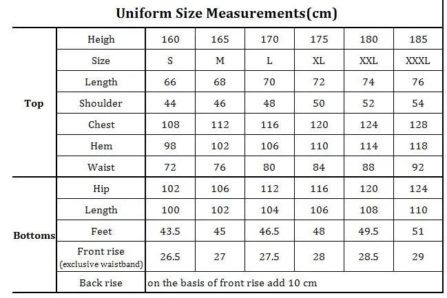 Especificación de tamaño de ropa de trabajo personalizada