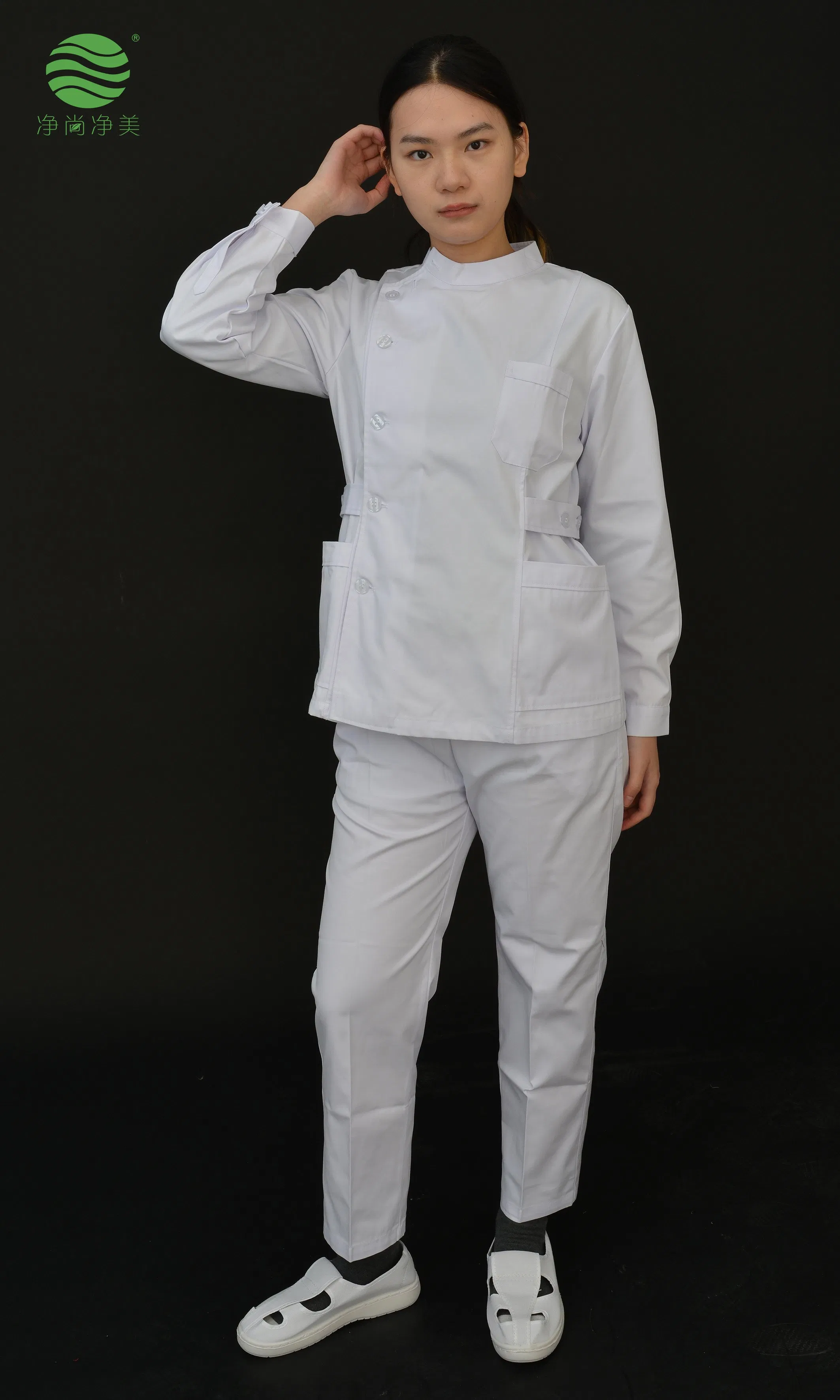 Conjunto de uniforme de enfermera de mezcla de algodón y poliéster de manga larga, dividido, para el personal médico del hospital, con cinturón de tela del mismo material. Trajes de scrubs médicos, conjunto de uniforme de enfermera