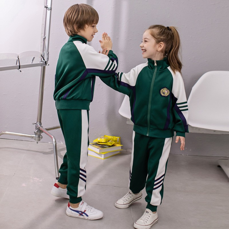 Conjunto escolar de deporte para niños en bloque de color verde oscuro, pantalones de chándal con cuello alto, atuendo de primavera y otoño para el campus