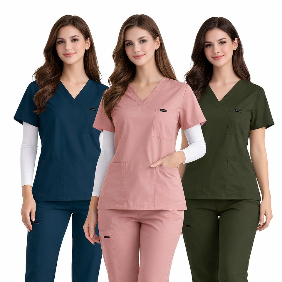 Conjunto de scrubs médicos para mujeres fabricante diseño de moda uniforme de enfermera con logo personalizado manga corta tela elástica ropa de trabajo de enfermería