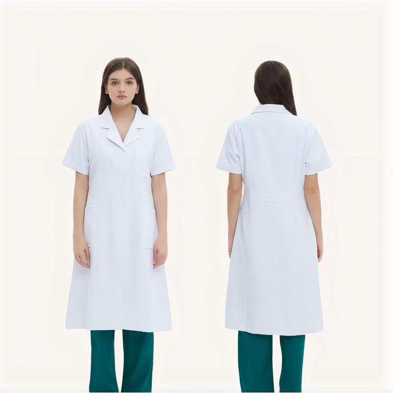 Abrigo blanco de médico con diseño de solapa uniforme profesional de hospital bata médica
