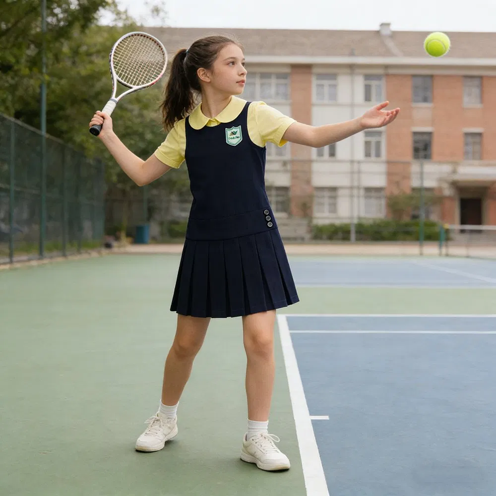 Vestido de niña estilo británico, peto a cuadros azul marino, vestido escolar uniforme