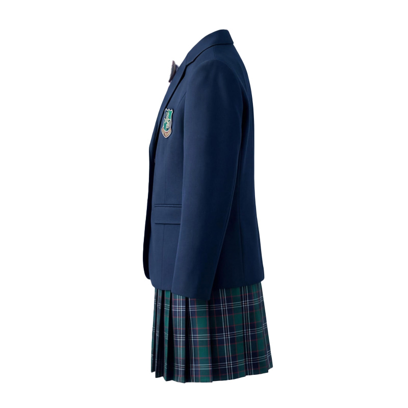 Uniforme escolar británico clásico para niñas, blazer azul marino de doble botonadura, falda plisada de cuadros verdes y corbata de lazo de cuadros rojos