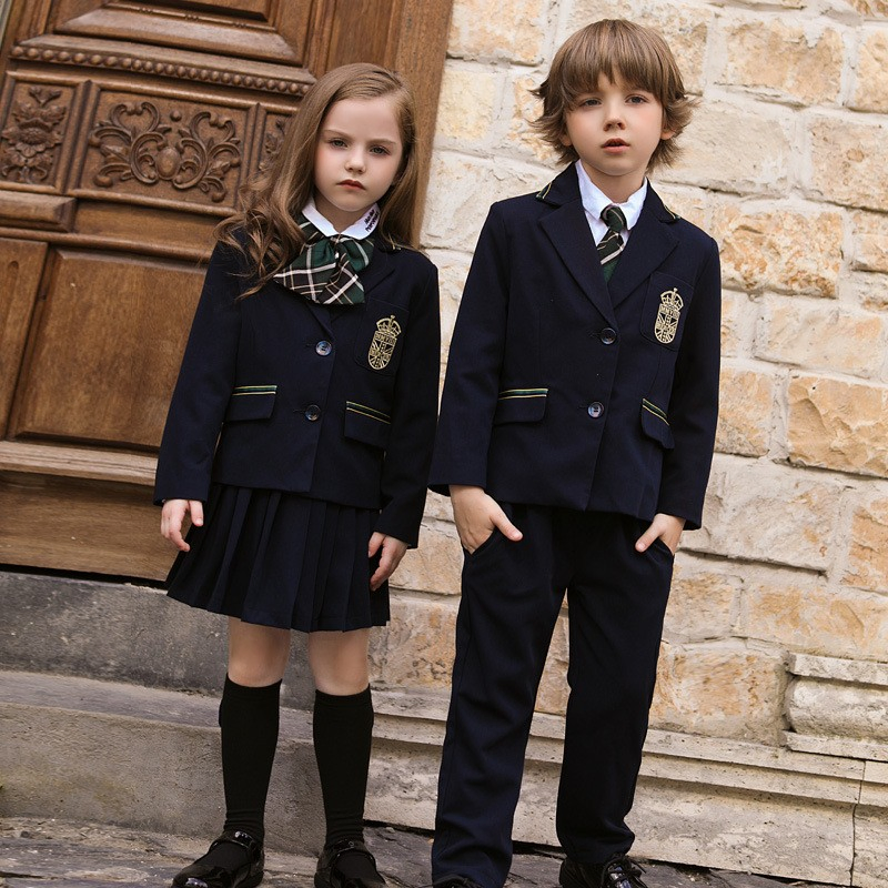 Fabricante chino de uniforme escolar para niños estilo británico, conjunto de blazer, diseño personalizado, falda, pantalones, logo bordado para escuela internacional