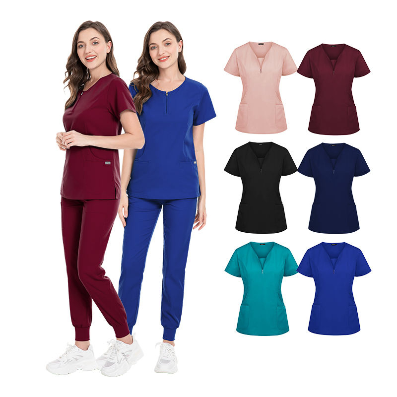 Diseño de collar con cremallera frontal Uniformes de hospital para mujeres Scrubs elásticos suaves cómodos de poliéster y spandex Conjuntos de uniformes para salón SPA