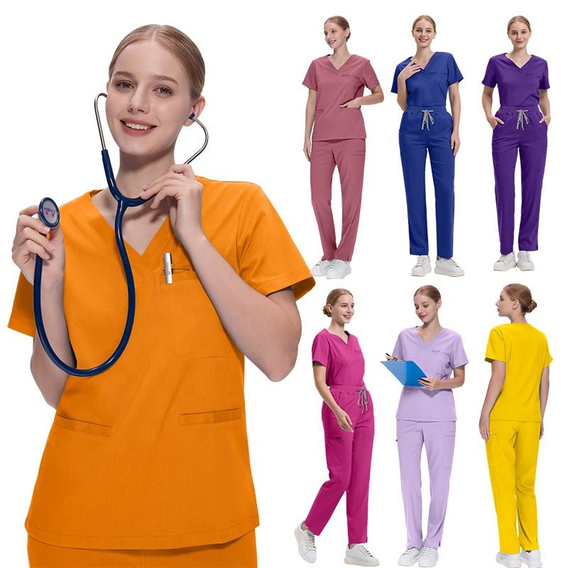 Uniforme de enfermera cómodo con spandex de cuatro direcciones, scrubs médicos profesionales, conjuntos de scrubs de lujo personalizados para mujeres
