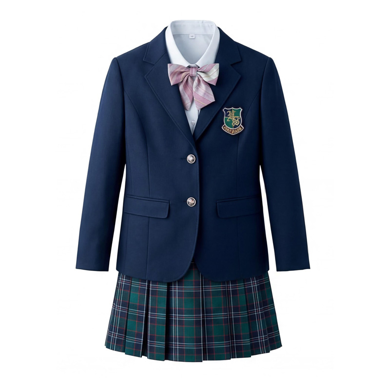 Uniforme escolar británico clásico para niñas, blazer azul marino de doble botonadura, falda plisada de cuadros verdes y corbata de lazo de cuadros rojos