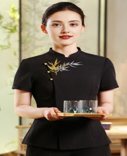 Uniforme de trabajo de manga corta transpirable con cuello mandarín para personal de restaurante chino y banquetes de hotel