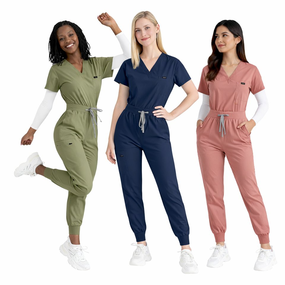 Conjunto de scrubs médicos para mujeres fabricante diseño de moda uniforme de enfermera con logo personalizado manga corta tela elástica ropa de trabajo de enfermería