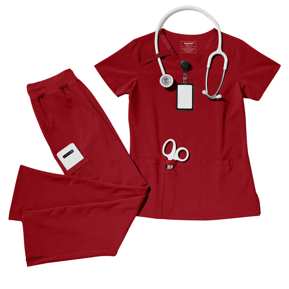 2026 Conjunto de Scrubs para Mujeres de Manga Corta en V de Tela de Elasticidad Mejorada, Spandex, Rayón y Poliéster, Uniforme Quirúrgico para Hospital