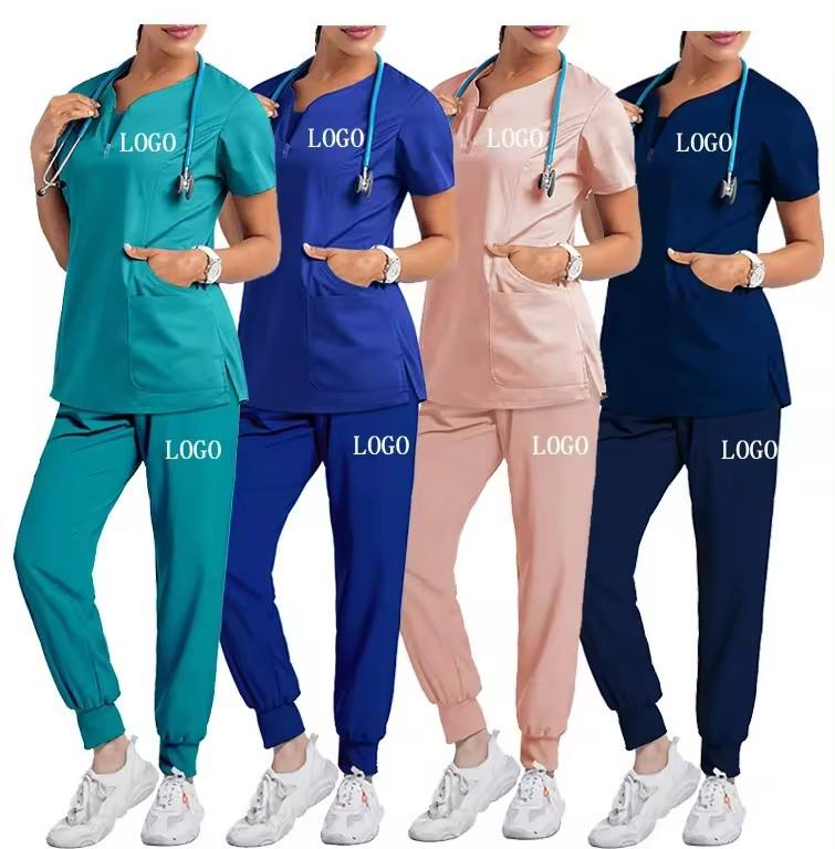 Diseño de collar con cremallera frontal Uniformes de hospital para mujeres Scrubs elásticos suaves cómodos de poliéster y spandex Conjuntos de uniformes para salón SPA