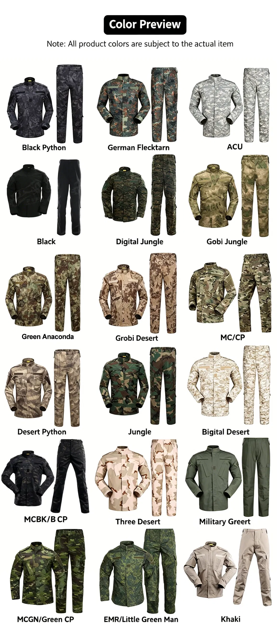 Tabla de medidas y especificaciones de costura del uniforme