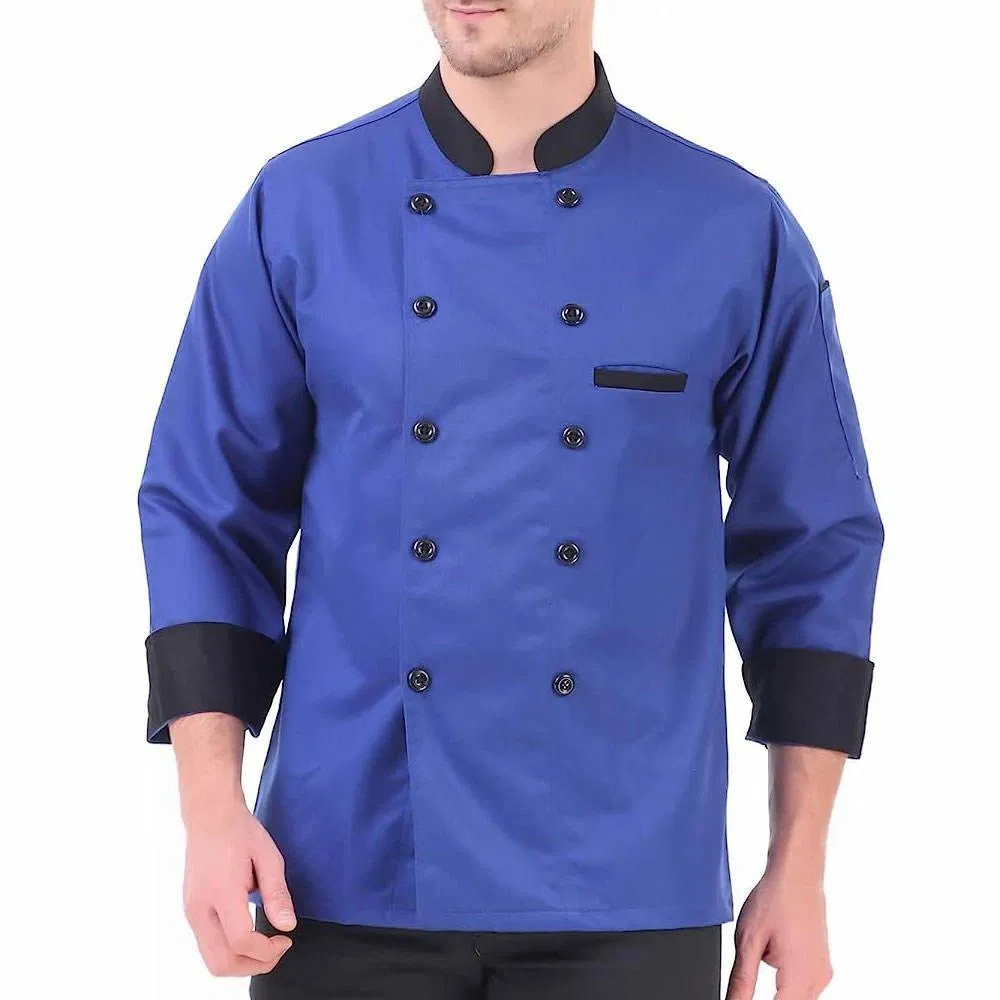 Chaqueta de chef de alta calidad de manga larga personalizada, tela de sarga, uniforme profesional de trabajo, ropa de trabajo para restaurante y bar