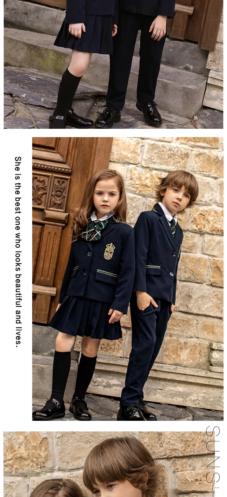 Fabricante chino de uniforme escolar para niños estilo británico, conjunto de blazer, diseño personalizado, falda, pantalones, logo bordado para escuela internacional