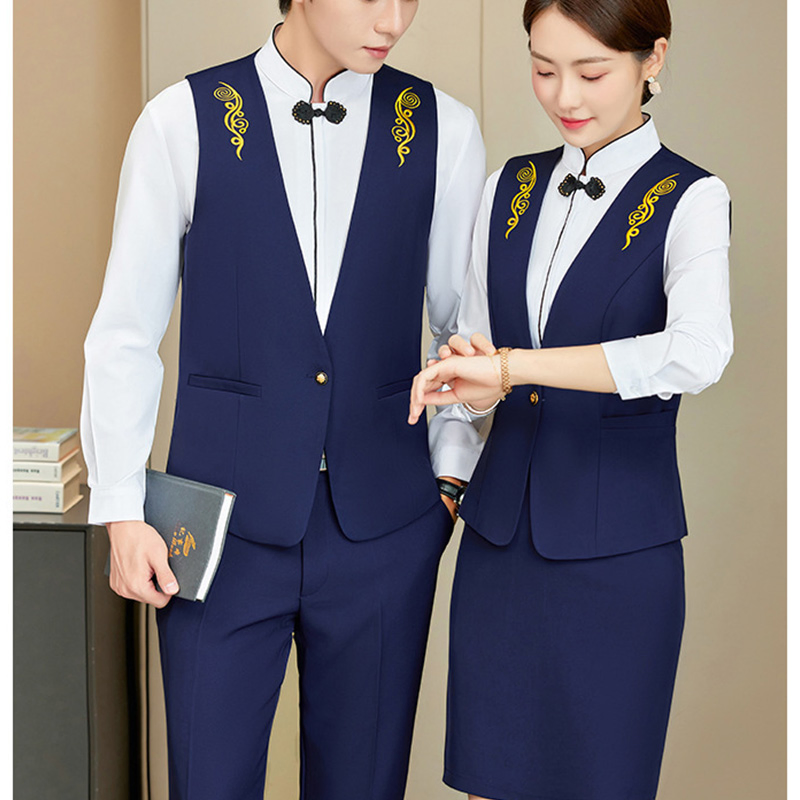 Uniforme de personal corporativo blanco personalizado, uniforme de camarero de hotel, ropa de trabajo de manga larga, uniforme de hotel