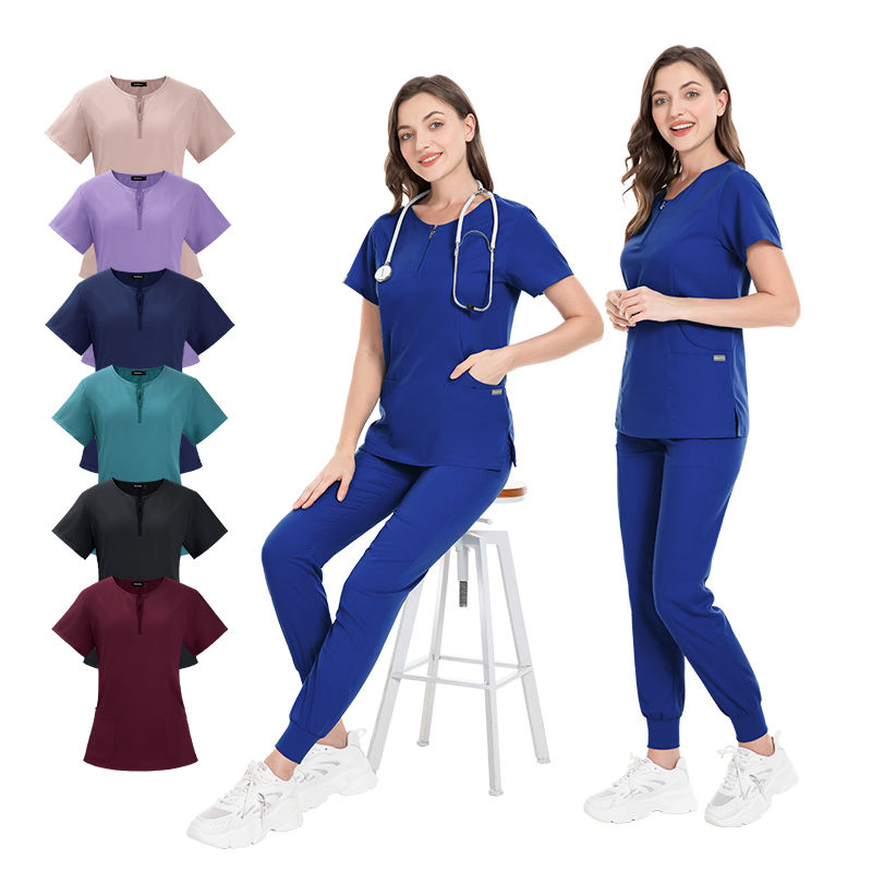 Diseño de collar con cremallera frontal Uniformes de hospital para mujeres Scrubs elásticos suaves cómodos de poliéster y spandex Conjuntos de uniformes para salón SPA