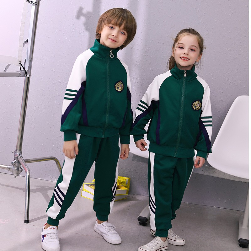 Conjunto escolar de deporte para niños en bloque de color verde oscuro, pantalones de chándal con cuello alto, atuendo de primavera y otoño para el campus