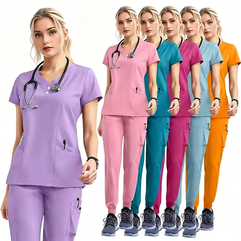 Uniformes de hospital de poliéster baratos con cuello en V y división, trajes de scrubs médicos, conjunto de uniforme de enfermera