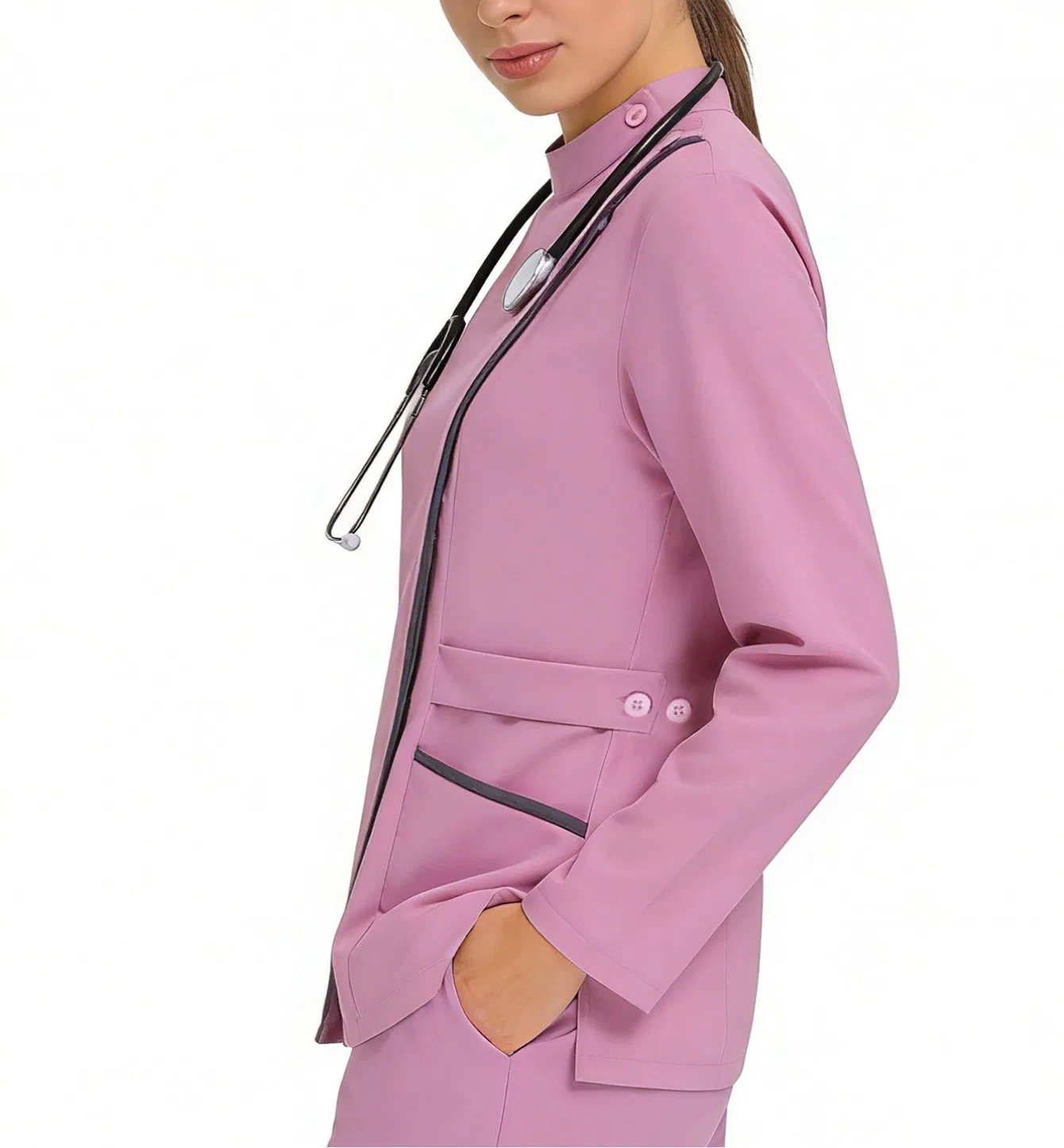 Nuevo diseño conjunto de chaqueta y pantalón de color rosa y negro con cuello alto y mangas largas, uniforme médico antimicrobiano, uniforme de enfermería, ropa de trabajo para salón de belleza y hospital de mascotas