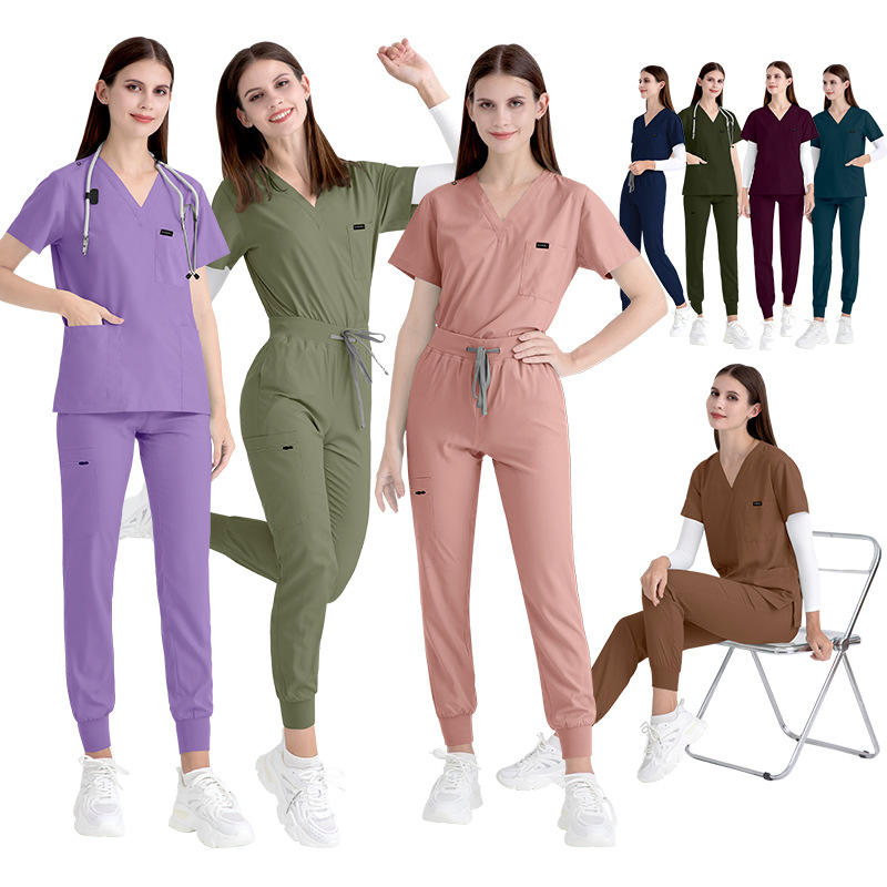 Conjunto de uniformes de scrubs elásticos con logo personalizado de fabricante, blusa de scrubs de gran tamaño para mujeres, pantalones de jogging, uniforme de trabajo médico y quirúrgico