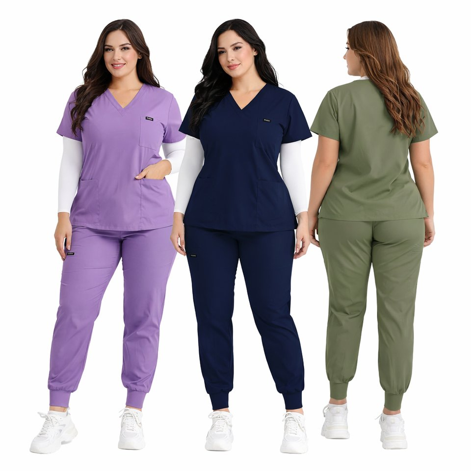 Conjunto de scrubs médicos para mujeres fabricante diseño de moda uniforme de enfermera con logo personalizado manga corta tela elástica ropa de trabajo de enfermería
