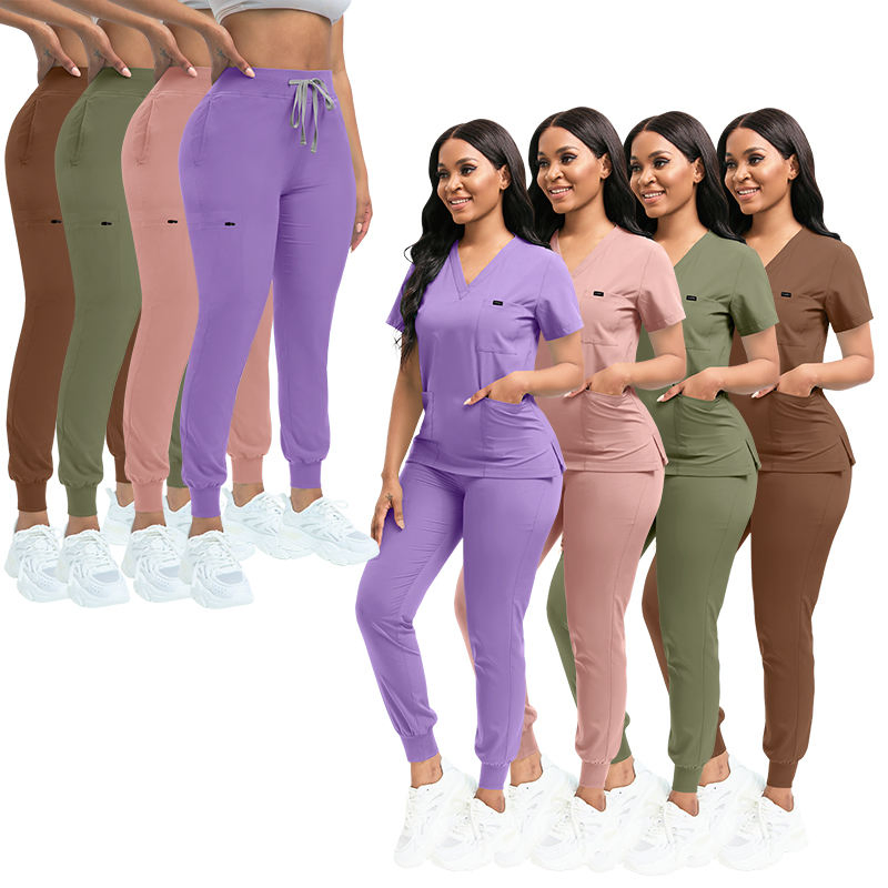 Conjunto de uniformes de scrubs elásticos con logo personalizado de fabricante, blusa de scrubs de gran tamaño para mujeres, pantalones de jogging, uniforme de trabajo médico y quirúrgico