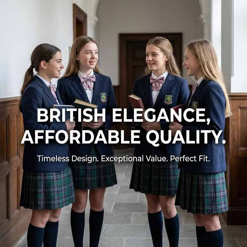 Uniforme escolar británico clásico para niñas, blazer azul marino de doble botonadura, falda plisada de cuadros verdes y corbata de lazo de cuadros rojos