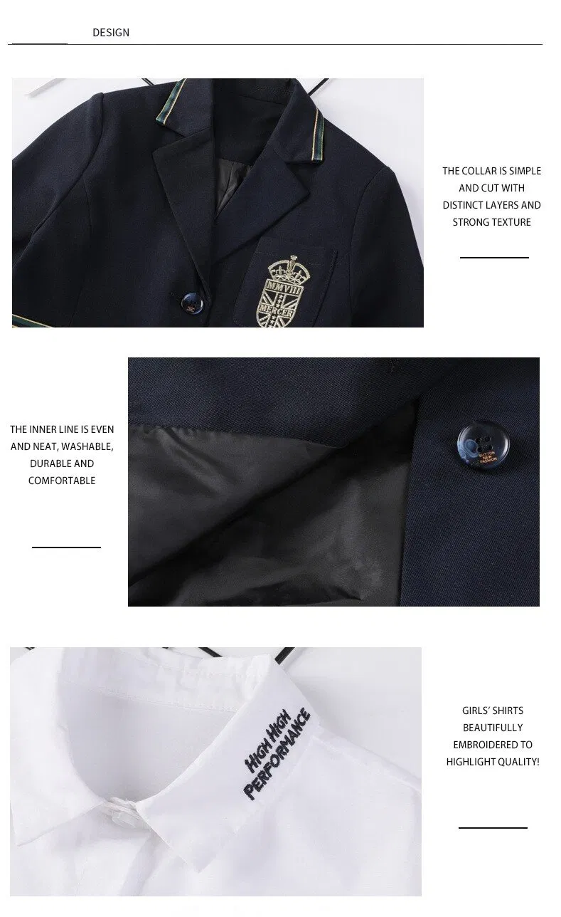 Fabricante chino de uniforme escolar para niños estilo británico, conjunto de blazer, diseño personalizado, falda, pantalones, logo bordado para escuela internacional