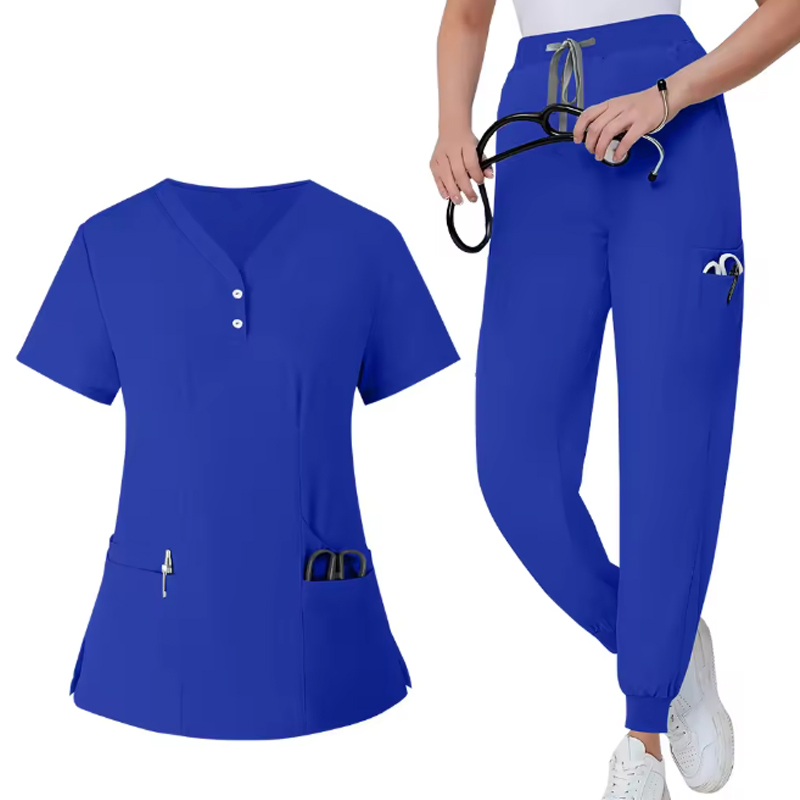 Uniformes de hospital de poliéster baratos con cuello en V y división, trajes de scrubs médicos, conjunto de uniforme de enfermera