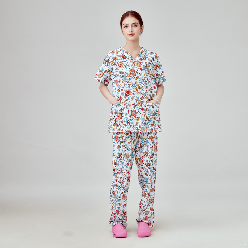Identidad Corporativa Uniforme Completo Personalizado con Parte Superior Impresa y Pantalones de Color Sólido Uniforme Médico Uniforme Médico Impreso