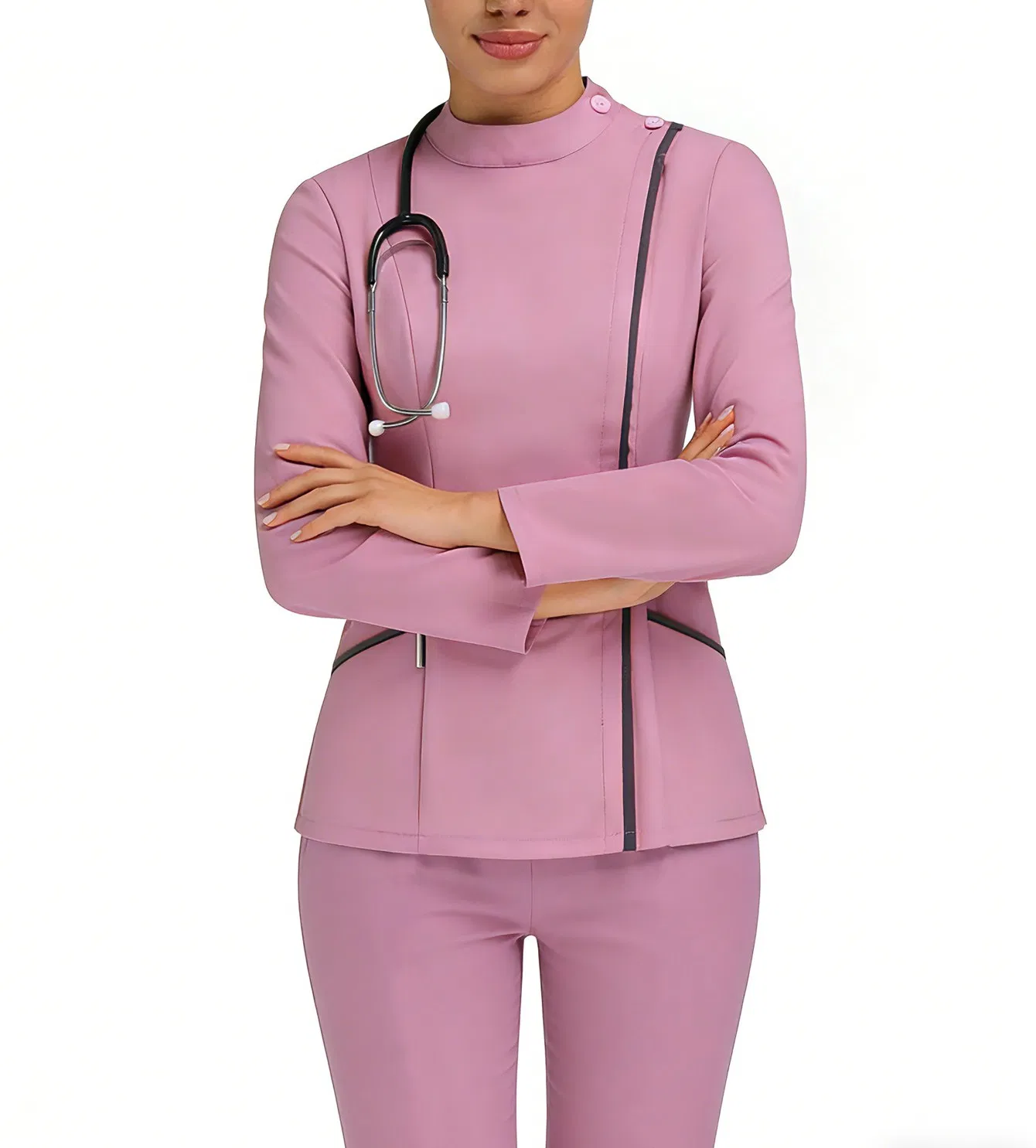 Nuevo diseño conjunto de chaqueta y pantalón de color rosa y negro con cuello alto y mangas largas, uniforme médico antimicrobiano, uniforme de enfermería, ropa de trabajo para salón de belleza y hospital de mascotas