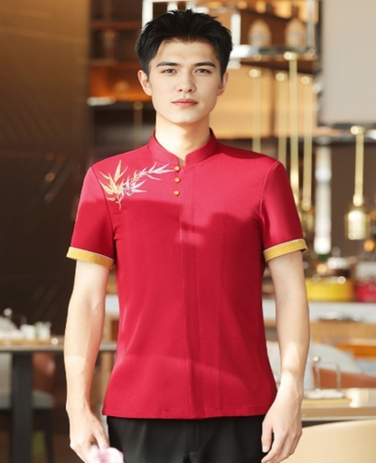 Uniforme de trabajo de manga corta transpirable con cuello mandarín para personal de restaurante chino y banquetes de hotel