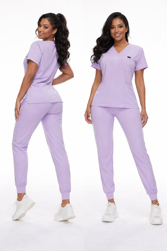 Conjunto de scrubs médicos para mujeres fabricante diseño de moda uniforme de enfermera con logo personalizado manga corta tela elástica ropa de trabajo de enfermería