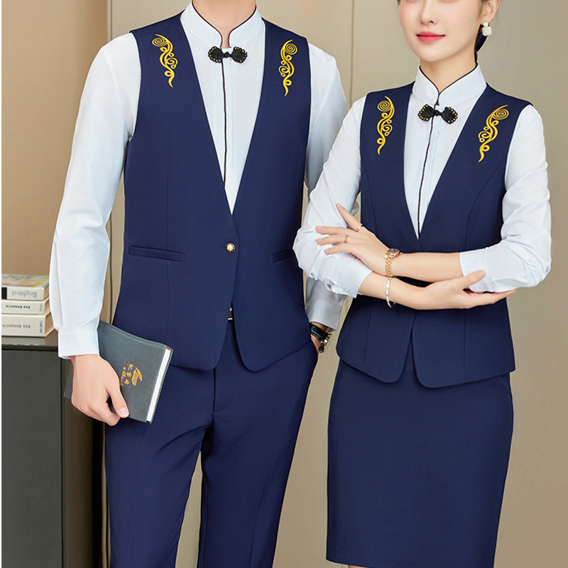 Uniforme de personal corporativo blanco personalizado, uniforme de camarero de hotel, ropa de trabajo de manga larga, uniforme de hotel