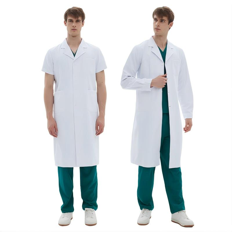Abrigo blanco de médico con diseño de solapa uniforme profesional de hospital bata médica