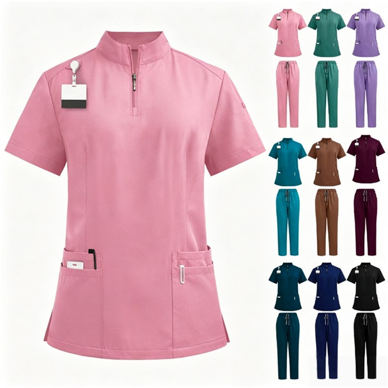 Conjunto de Top de Scrubs con Cremallera en V y Pantalones Jogger Profesionales Uniforme de Enfermería para Personal Hospitalario