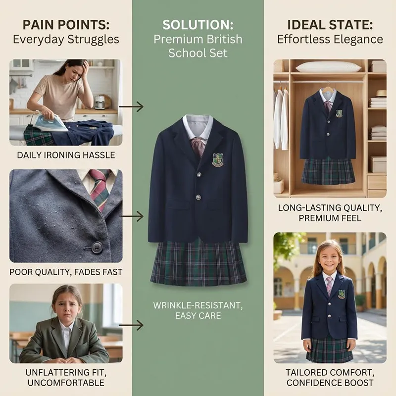 Uniforme escolar británico clásico para niñas, blazer azul marino de doble botonadura, falda plisada de cuadros verdes y corbata de lazo de cuadros rojos