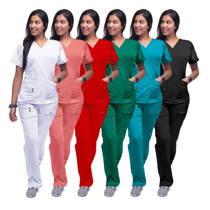 Conjunto de uniformes de scrubs para enfermeras mujeres en el hospital médico, jogger ajustado
