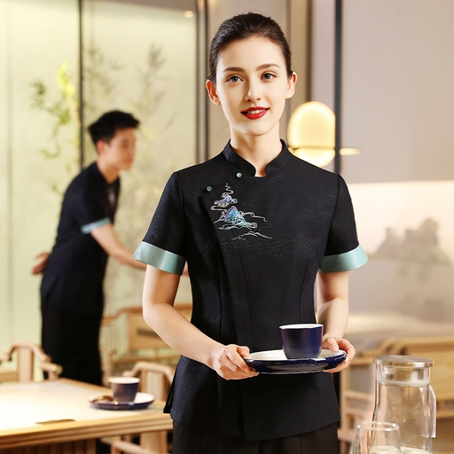 Uniforme corto de manga bordado y elegante para el personal de restaurante chino
