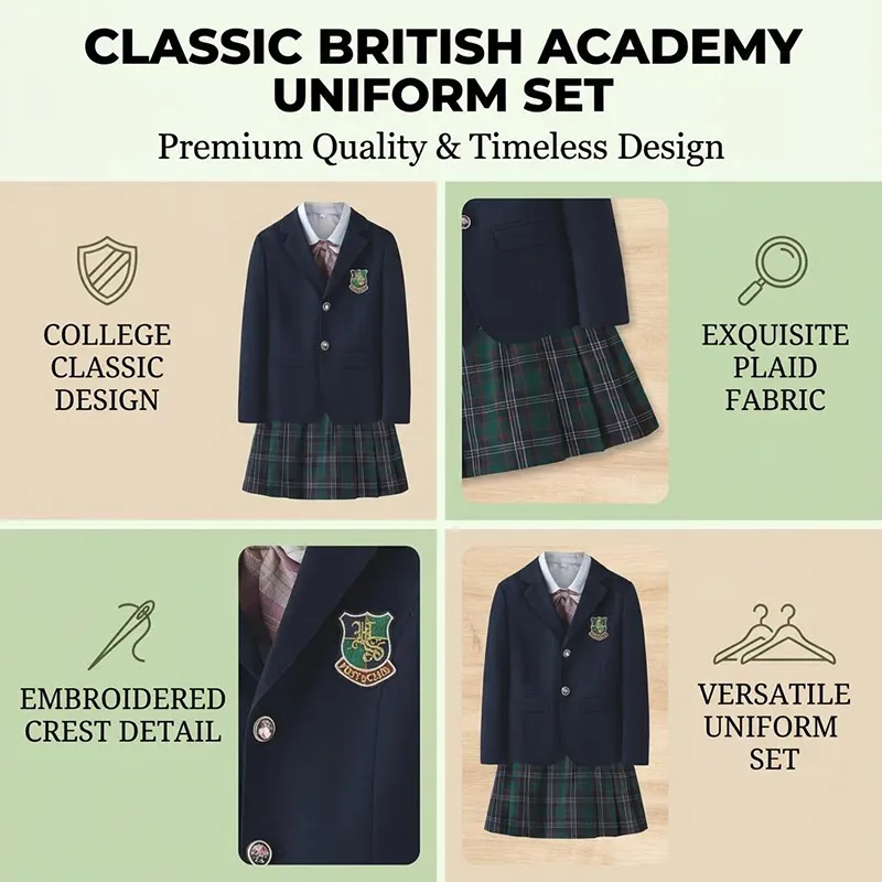 Uniforme escolar británico clásico para niñas, blazer azul marino de doble botonadura, falda plisada de cuadros verdes y corbata de lazo de cuadros rojos