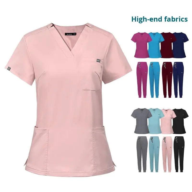 Uniformes de enfermera para hospitales, uniforme de enfermería para mujeres y hombres, camisetas de manga corta con cuello en V, conjunto de scrubs elásticos, parte superior y pantalones con múltiples bolsillos