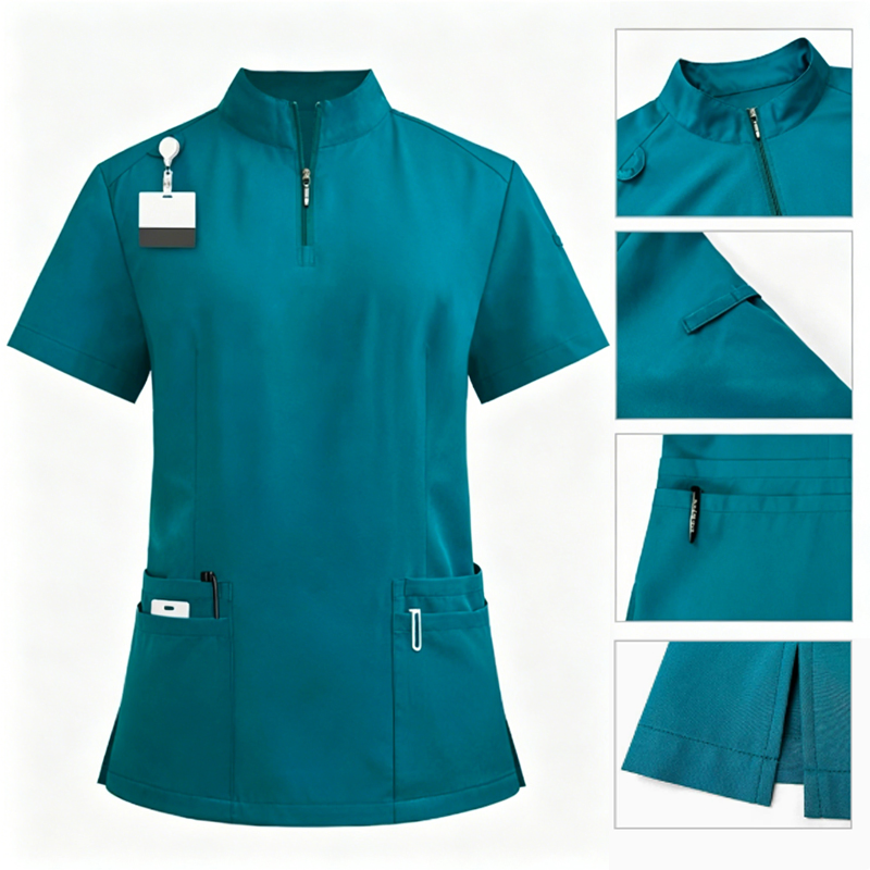 Conjunto de Top de Scrubs con Cremallera en V y Pantalones Jogger Profesionales Uniforme de Enfermería para Personal Hospitalario