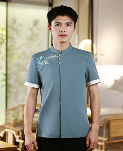 Uniforme de trabajo de manga corta transpirable con cuello mandarín para personal de restaurante chino y banquetes de hotel