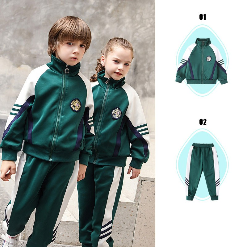Conjunto escolar de deporte para niños en bloque de color verde oscuro, pantalones de chándal con cuello alto, atuendo de primavera y otoño para el campus