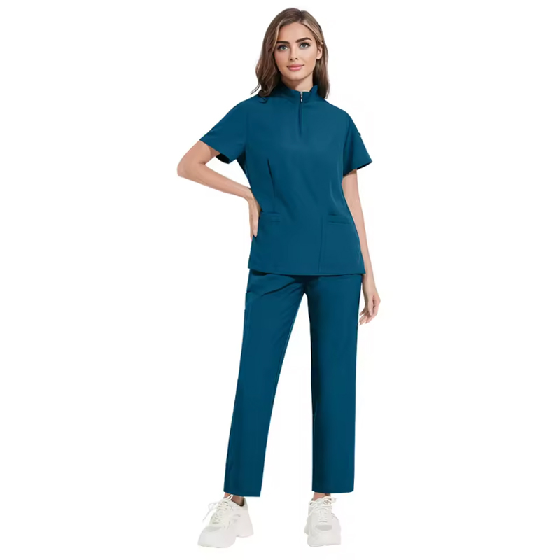 Conjunto de Top de Scrubs con Cremallera en V y Pantalones Jogger Profesionales Uniforme de Enfermería para Personal Hospitalario
