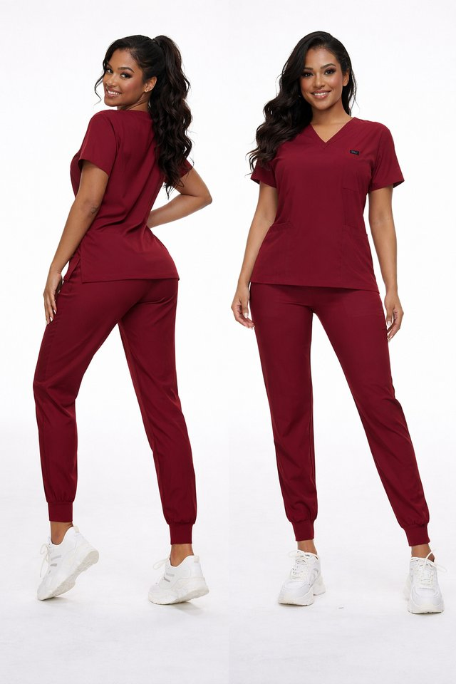 Conjunto de scrubs médicos para mujeres fabricante diseño de moda uniforme de enfermera con logo personalizado manga corta tela elástica ropa de trabajo de enfermería