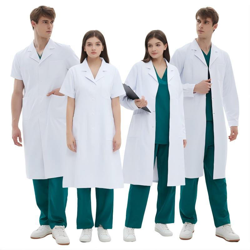 Abrigo blanco de médico con diseño de solapa uniforme profesional de hospital bata médica