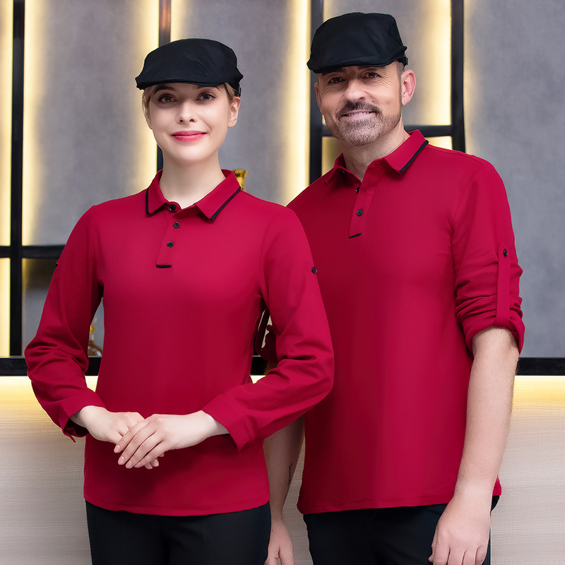 Camisa polo de manga larga personalizada al por mayor con logo, uniforme de camarero, ropa de trabajo para el personal de restaurante