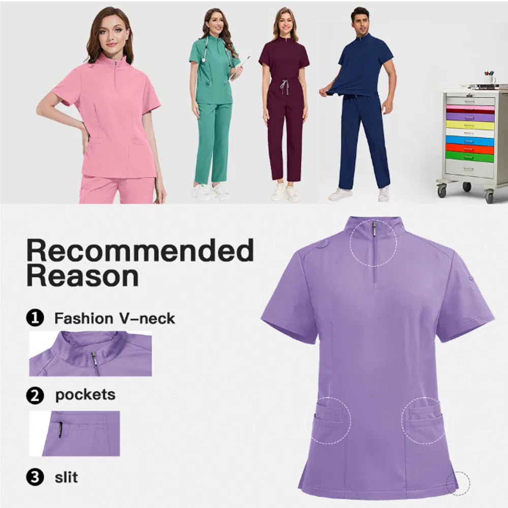Conjunto de Top de Scrubs con Cremallera en V y Pantalones Jogger Profesionales Uniforme de Enfermería para Personal Hospitalario