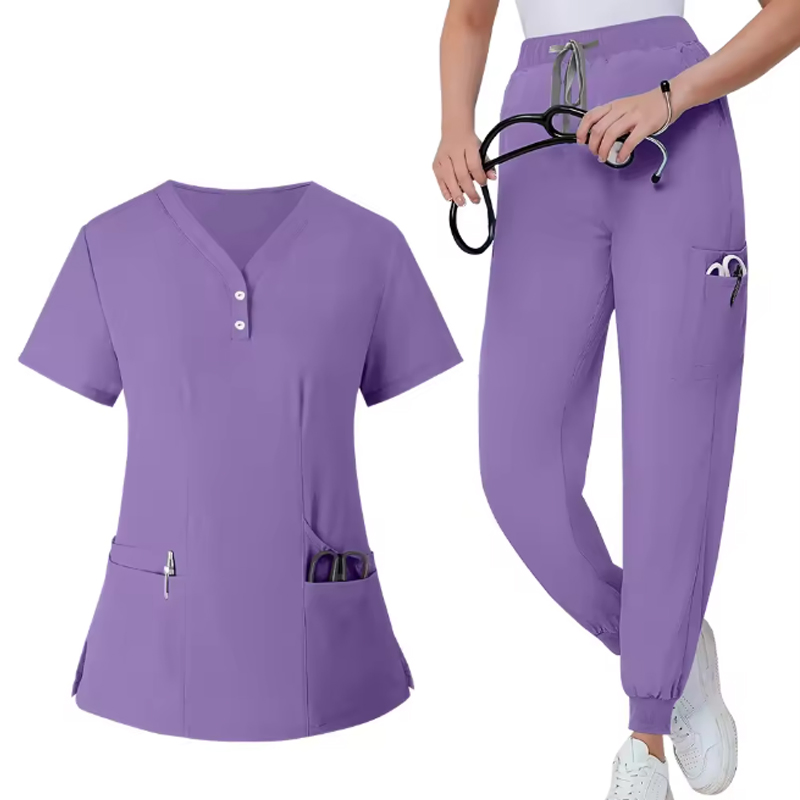 Uniformes de hospital de poliéster baratos con cuello en V y división, trajes de scrubs médicos, conjunto de uniforme de enfermera